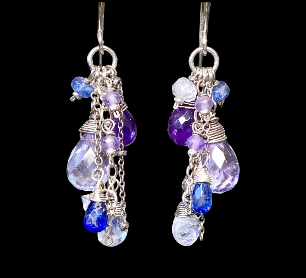 Blue Violet Boho Dangle Earrings Amethyst, Blue Denim Quartz, Oxidized Sterling Silver