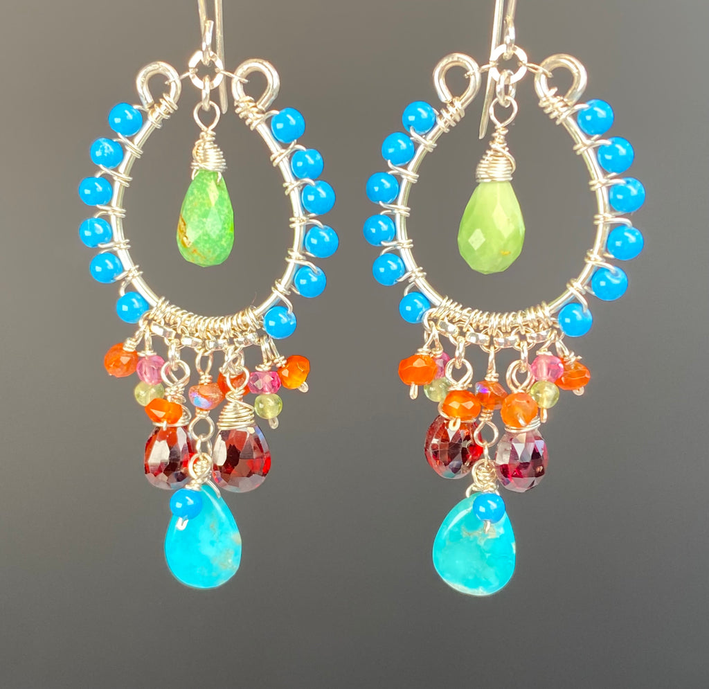 Turquoise & Garnet Chandelier Earrings Sterling Silver - Doolittle
