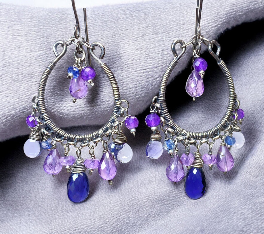 Blue Violet Oxidized Silver Hoop Chandelier Earrings Iolite, Lavender, Purple Amethyst