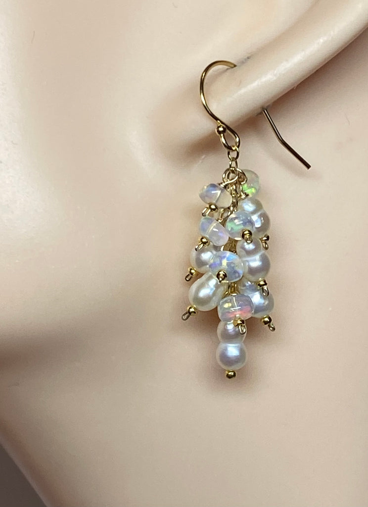 Pearl and White Ethiopian Opal Dangle Earrings Gold