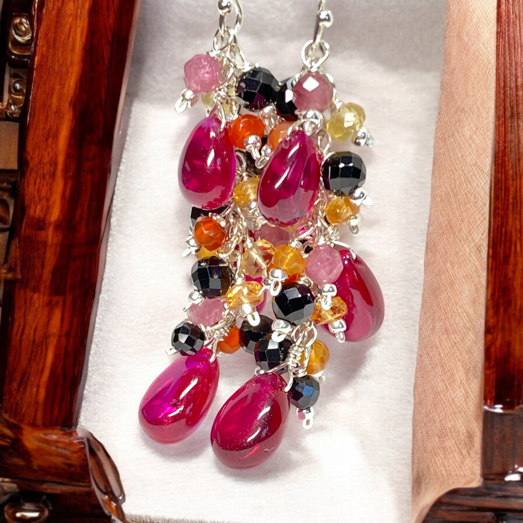 Rubellite Multi Gemstone Long Dangle Earrings Sterling Silver