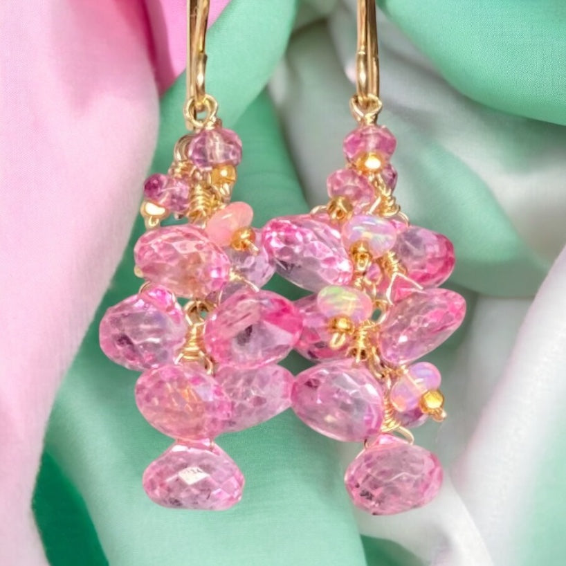 Pink Mystic Topaz Cluster Tassel Earrings Gold Fill or Rose Gold