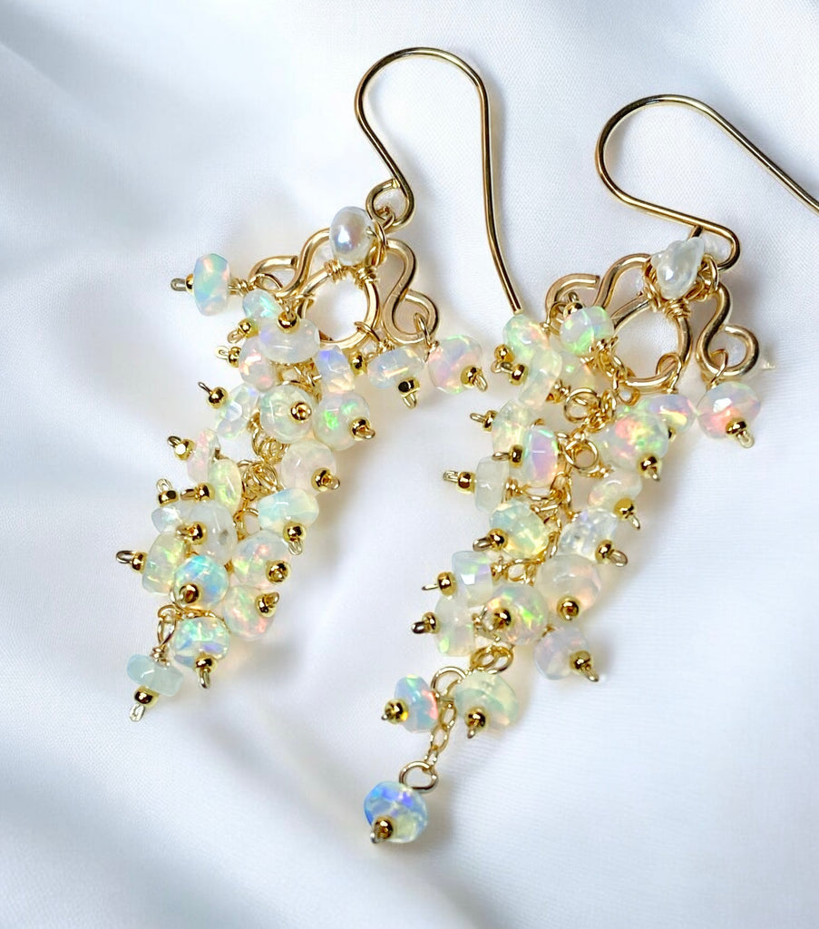 White Ethiopian Opal Chandelier Tassel Earrings Gold Fill