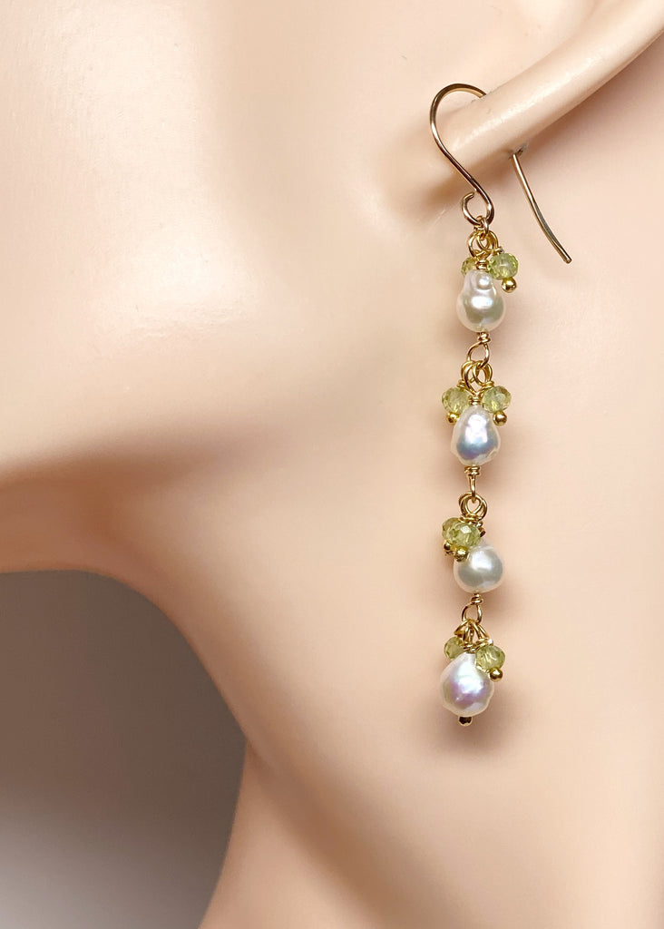 Peridot and Pearl Long Dainty Earrings Gold Fill