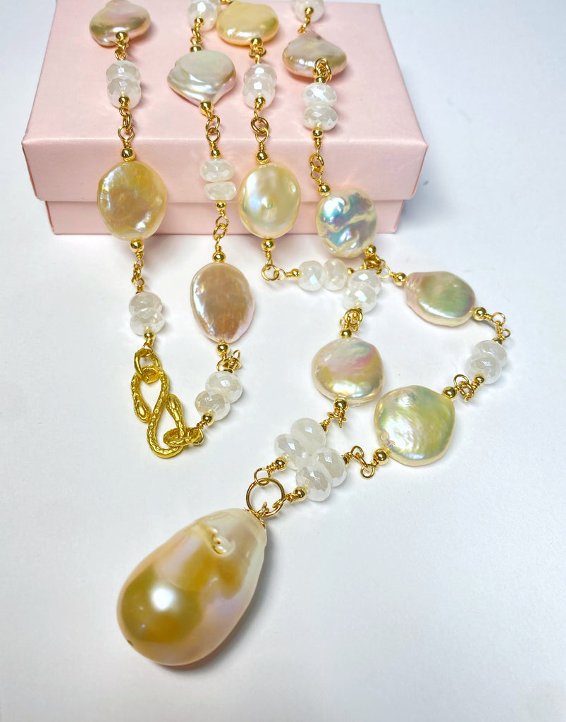 Blush Baroque Pearl Mystic Moonstone Long Sautoir Rosary Necklace Gold Fill
