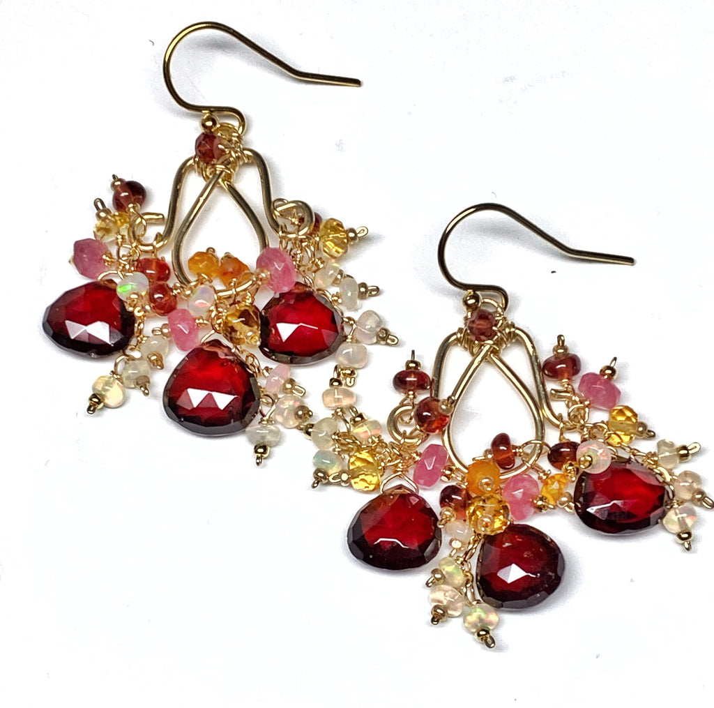 Red Garnet Chandelier Earrings Opal Dangle Gold Fill