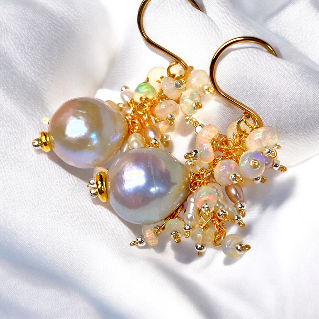 Silver Edison Pearl Ethiopian Opal Cluster Earrings, Mixed Metals