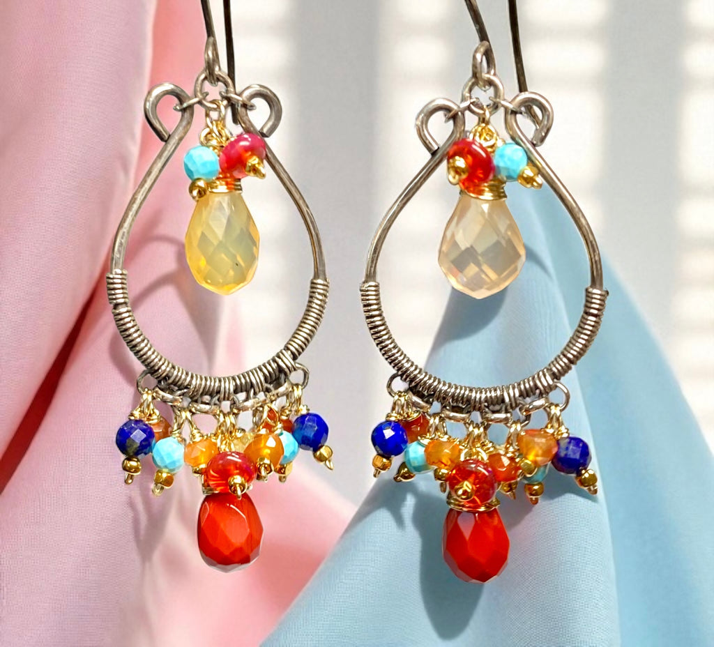 Multi Gemstone Hoop Chandelier Earrings, Mexican Fire Opal, Mixed Metals 3
