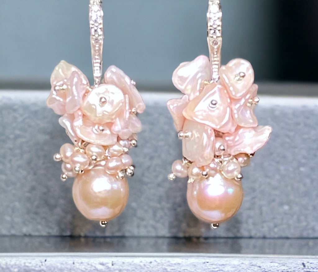 Pink Pearl Cluster Earrings, Blush Pink Keishi Pearls