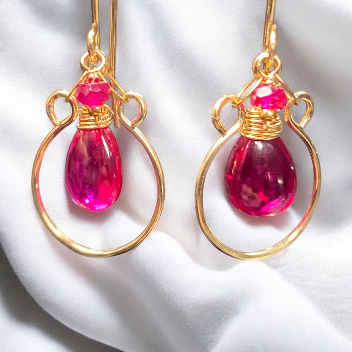 Rubellite Quartz and Ruby Gemstone Hoop Earrings Gold Fill