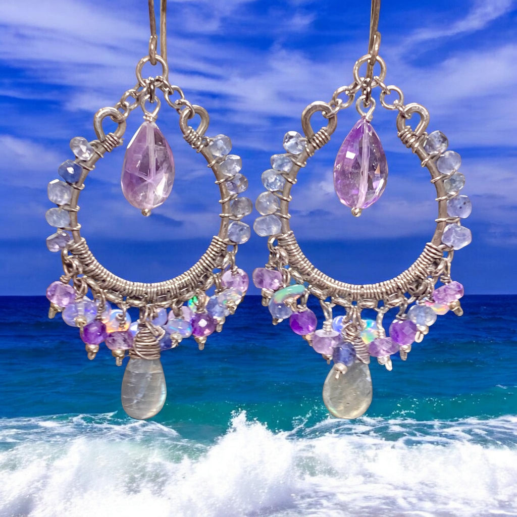 Blue Violet Chandelier Hoop Earrings Oxidized Silver — Iolite Labradorite Amethyst Ethiopian Opal - Doolittle