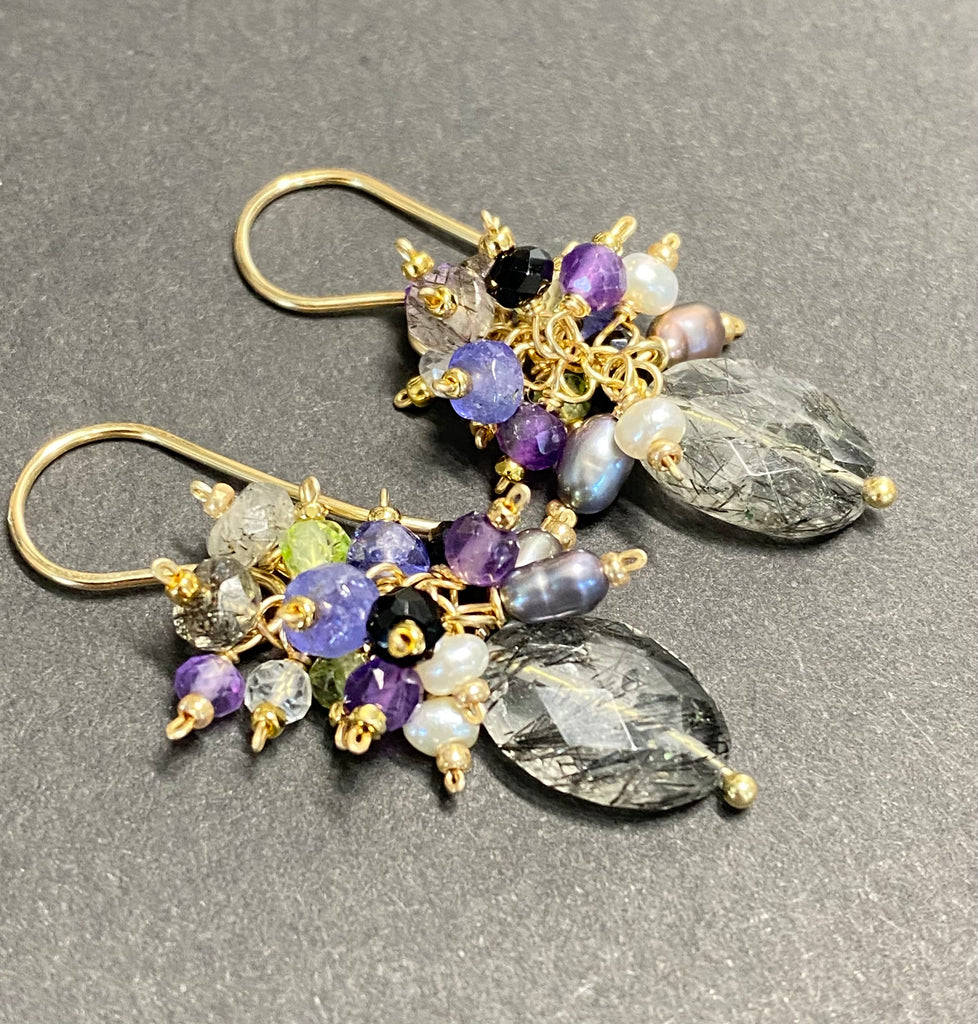 Black Rutilated Quartz Tanzanite Peridot Amethyst Cluster Earrings 2