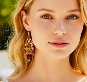 Rose Gold Chandelier Earrings Rhodolite Garnet Amethyst Lever Back