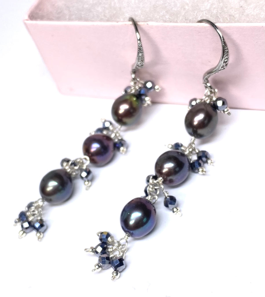 Long Peacock Pearl Earrings with Black Sparkly Gems, Sterling Silver