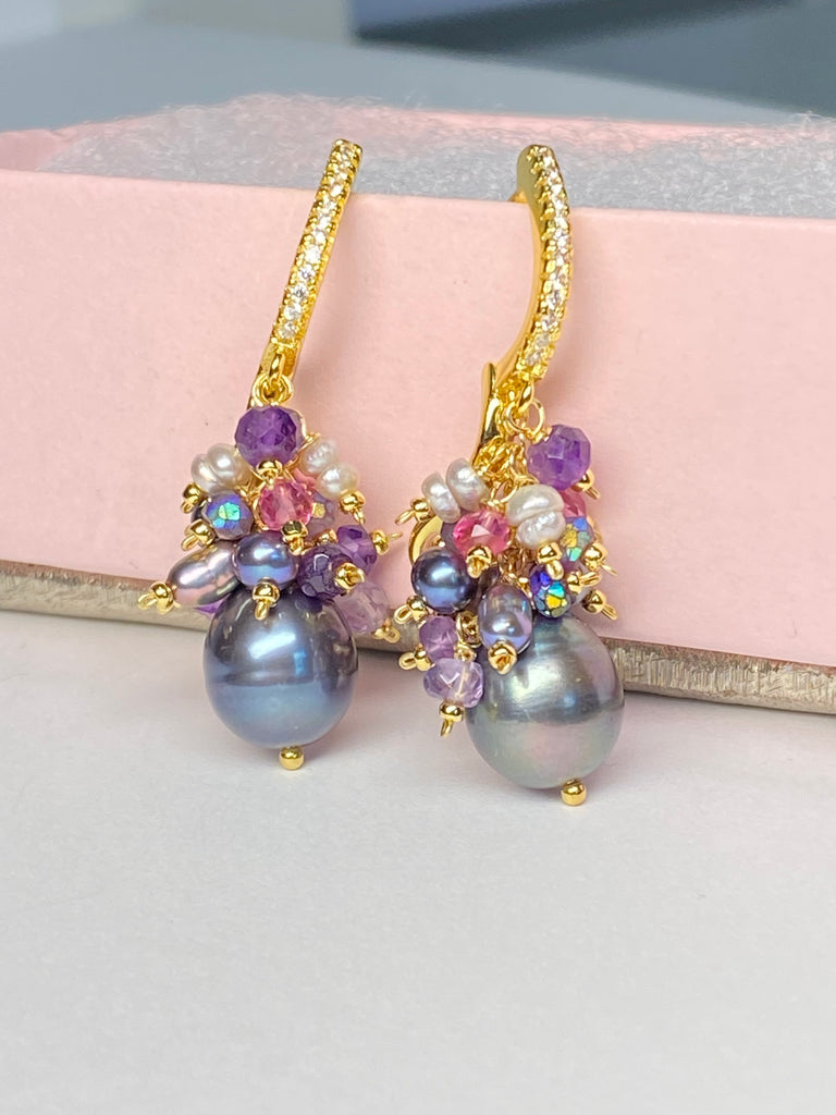 Black Peacock Pearl Earrings Amethyst and Pink Gemstone Clusters Gold Fill