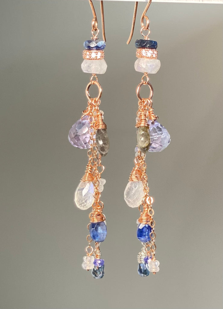 Rainbow Moonstone, Labradorite, Kyanite, Rose Gold Long Boho Earrings Blue White