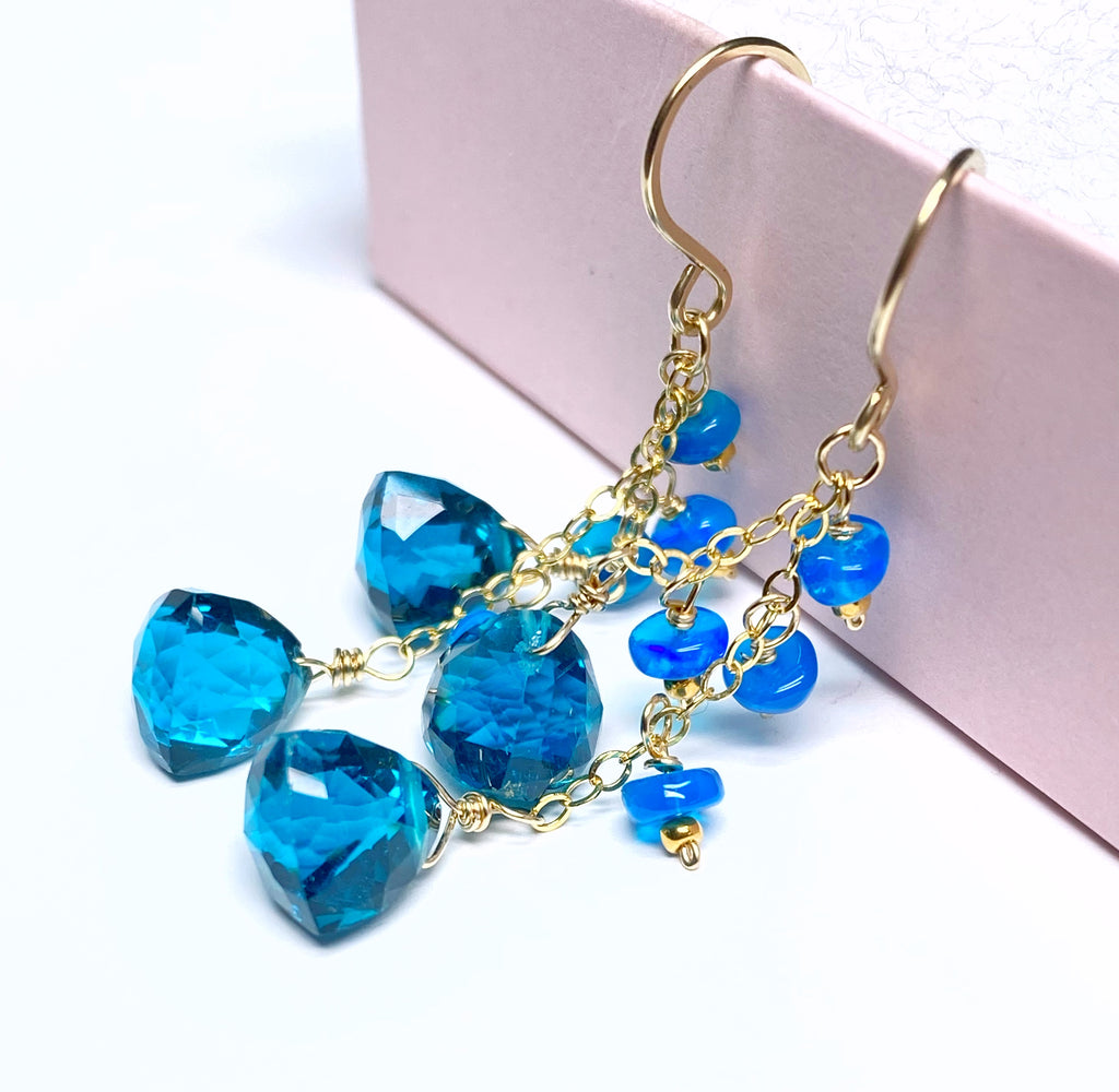 Teal Quartz and Opal Dangle Earrings Gold Fill