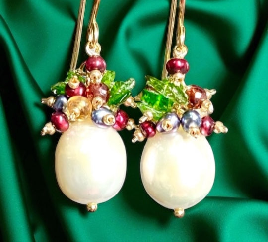 Pearl Cluster Earrings with Red, Green Gemstone Clusters