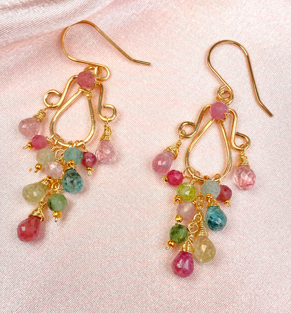 Multicolor Tourmaline Chandelier Earrings — Light Pink, Green & Blue, Gold Fill