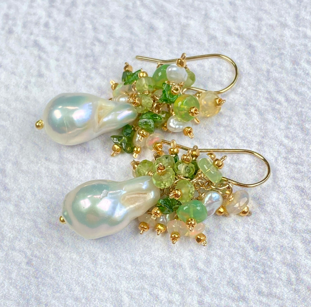 Green Ethiopian Opal, Peridot & Flameball Pearl Cluster Earrings