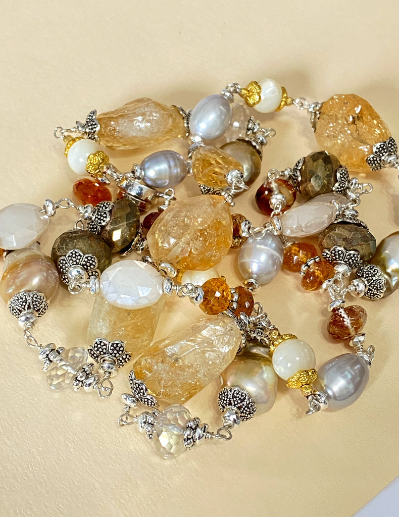 Citrine and Gold White Baroque Pearl Long Sautoir Necklace Sterling Silver — Pyrite Moonstone Crystal Quartz