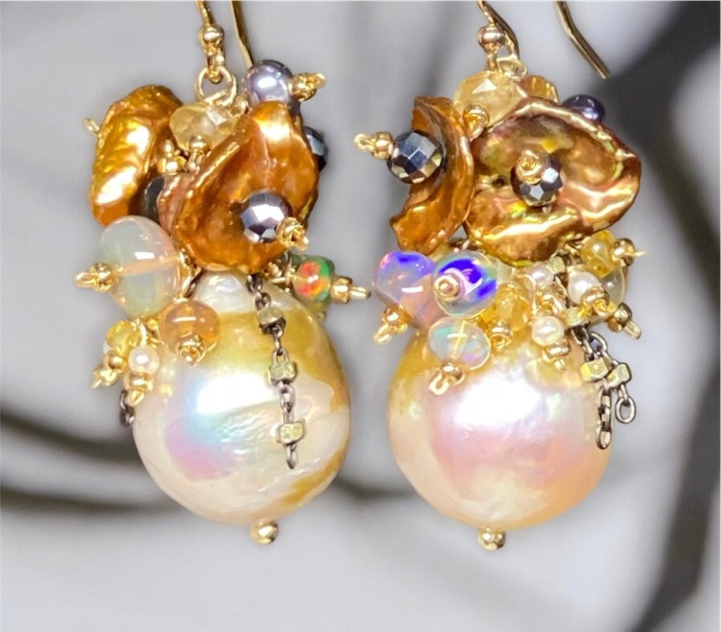 Pond Slime Gold White Pearl Earrings with Black Opals Golden Keishi Pearl Clusters