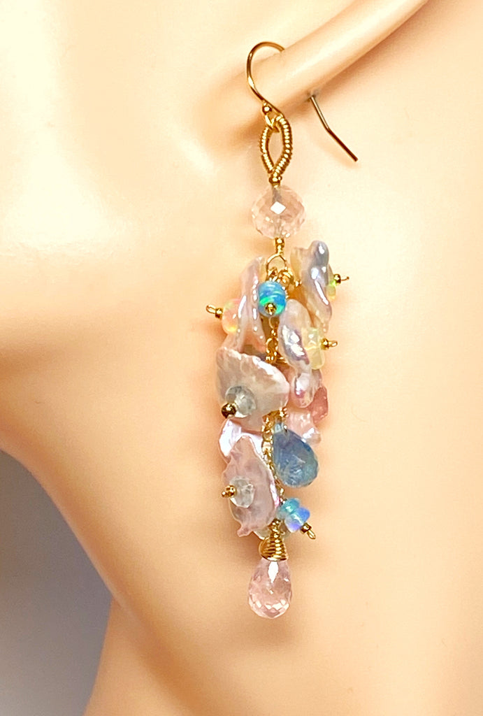 Aquamarine, Morganite, Opal Gemstone and Keishi Pearl Dangle Wedding Earrings 3