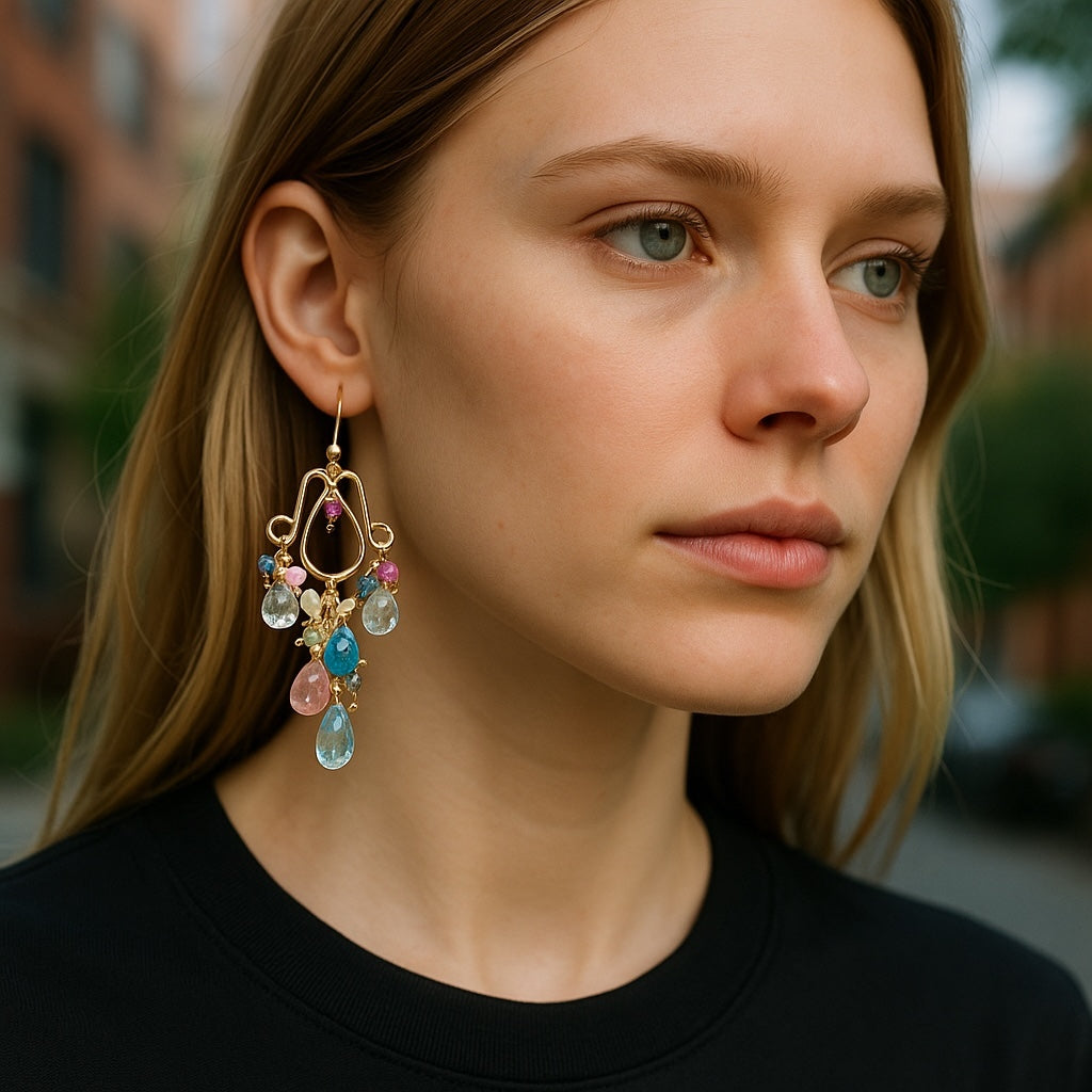 Gemstone Dangle Chandelier Earrings with Aquamarine in Gold Fill