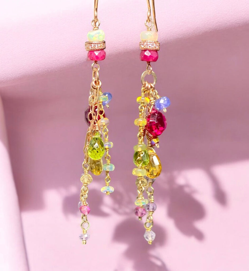 Multi-color Gemstone Long Chain Dangle Earrings Red Topaz Pink Sappire Citrine Opal Rose Gold