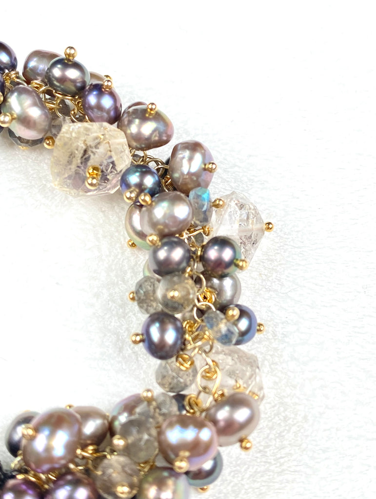 Silver Grey Baroque Pearl Cluster Bracelet — Herkimer Quartz & Labradorite