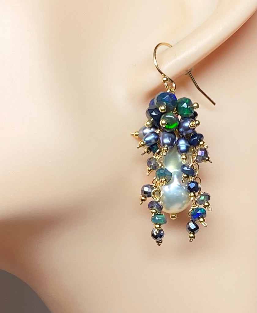 Baroque Pearl Earrings with Fiery Black Ethiopian Opals 2