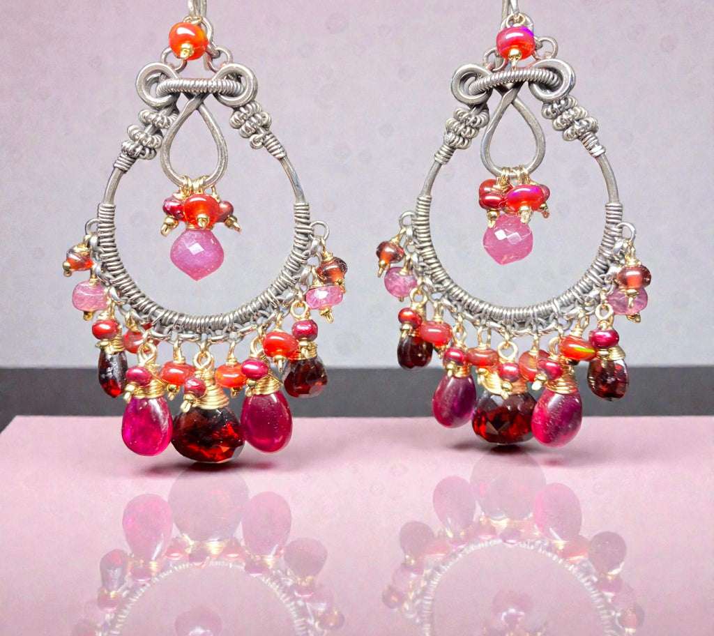 Red Garnet Mixed Metal Chandelier Hoop Earrings - Red Opals, Pink Sapphire Sterling Silver Gold Fill