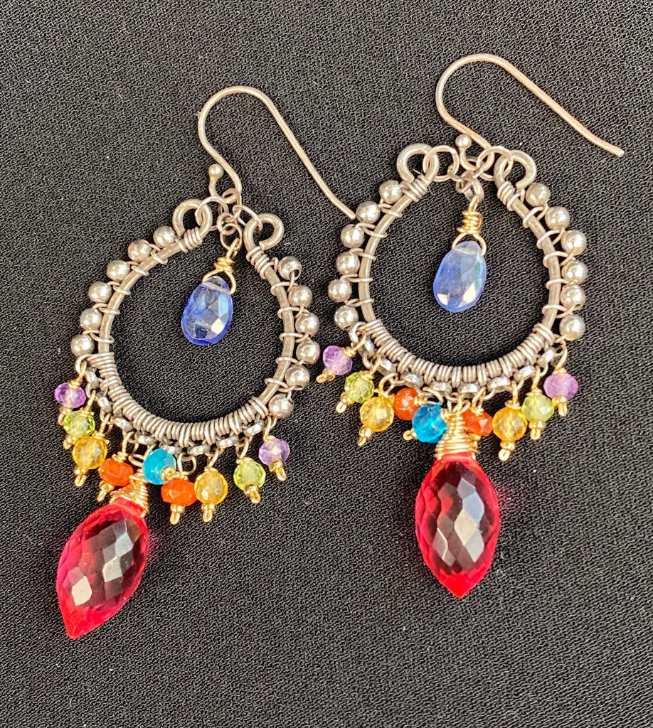 Chandelier Hoop Earrings, Multicolor Gemstone, Oxidized Sterling Silver, Handmade - Doolittle