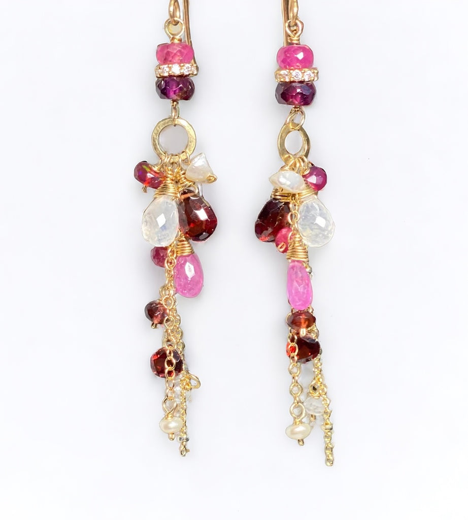 Red Gemstone Long Boho Chain Dangle Earrings Garnet Pink Sapphire
