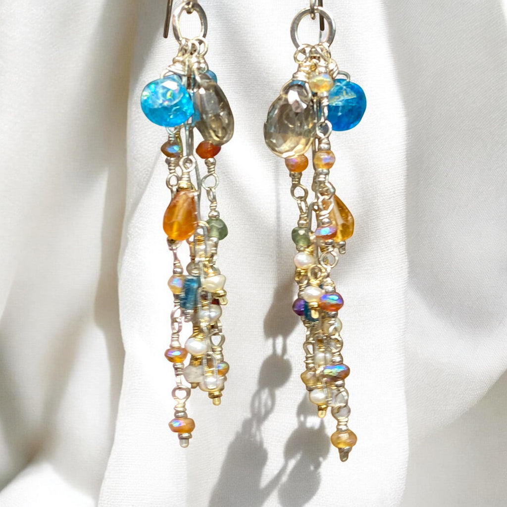 Boho Long Gem Dangle Earrings in Mixed Metals with Smokey Quartz, Apatite