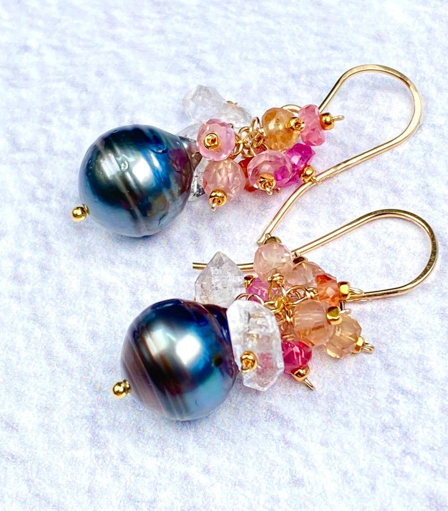 Tahitian Pearl Cluster Earrings with Padparadscha Sapphire & Herkimer Diamond Quartz, Gold Fill