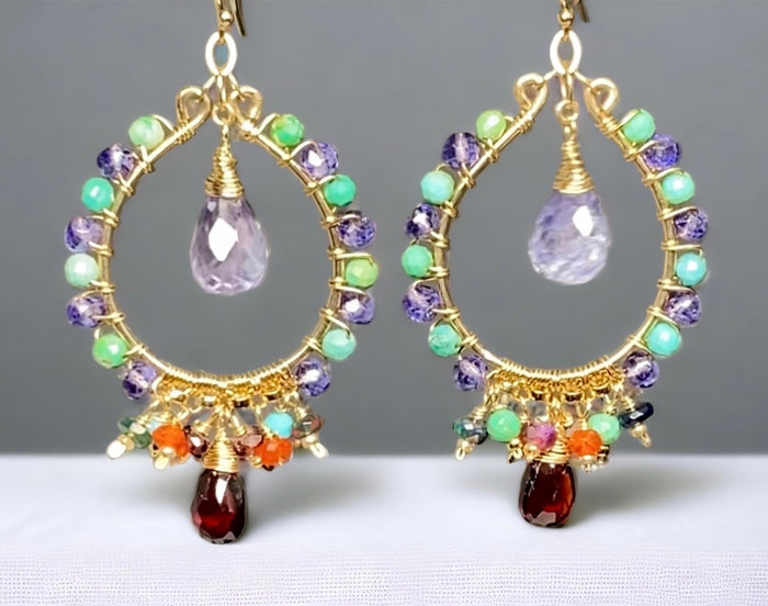 Gold Hoop Chandelier Earrings Iolite, Turquoise, Garnet, Opal