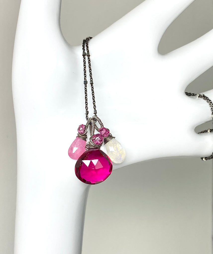 Pink Sapphire, Moonstone, Multi Gemstone Pendant, Oxidized Silver