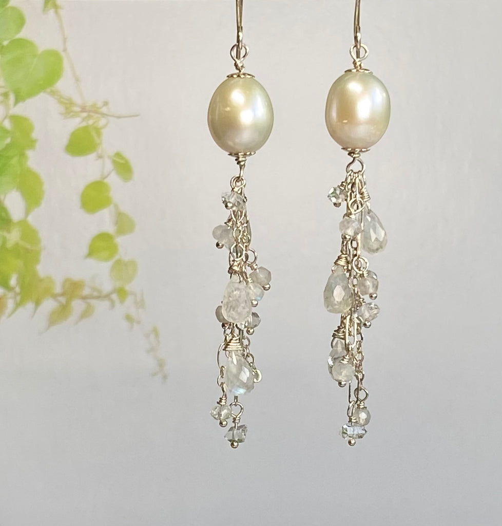 Pearl Moonstone Bridal Dangle Earrings Sterling Silver with Herkimer Diamonds