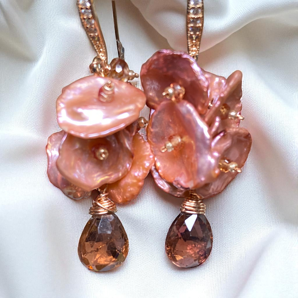 Tourmaline, Sapphire and Coral Keishi Pearl Cluster Earrings Rose Gold