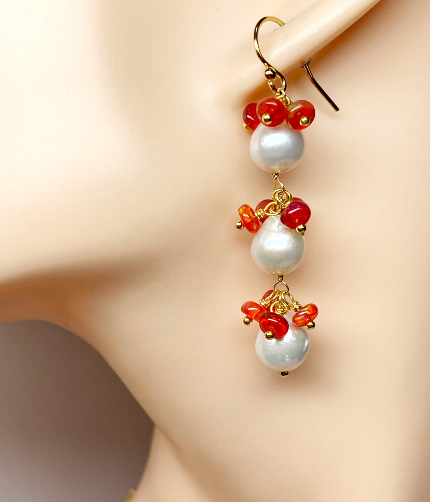 Pearl and Red Ethiopian Opal Long Dangle Earrings Gold