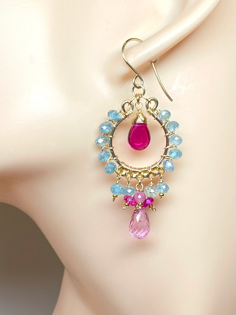 "Natural blue zircon and pink gemstone chandelier hoop earrings in 14K gold fill on mannequin ear, showing how earrings hang when worn"