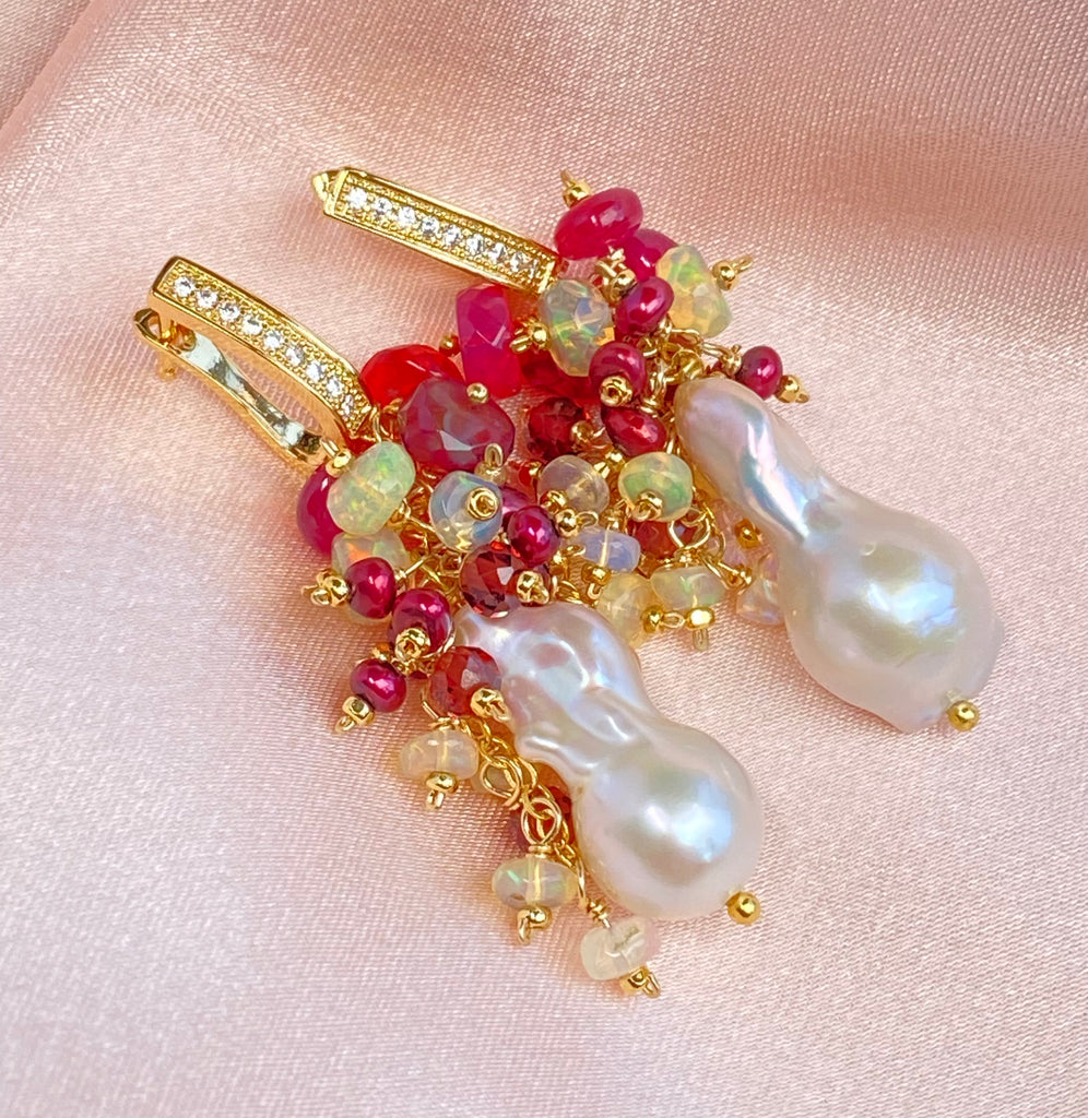 Red Opal, Garnet, Pearl and Ivory Baroque Flameball Pearl Earrings