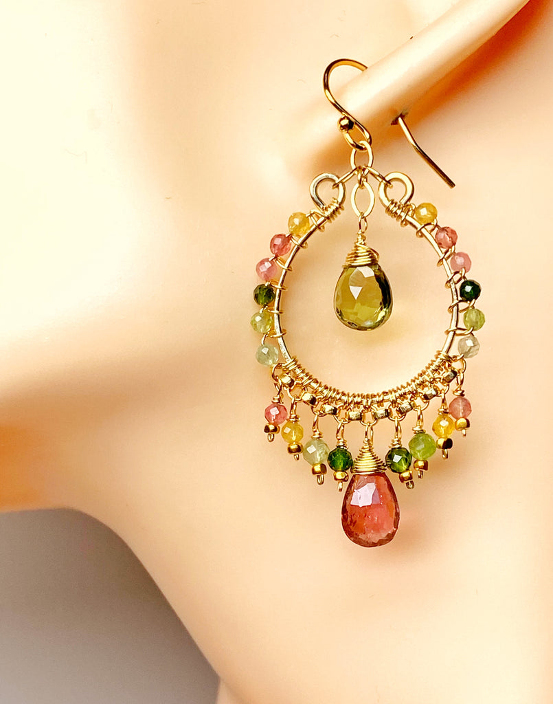 Tourmaline Gemstone Chandelier Hoop Earrings Gold Fill 2