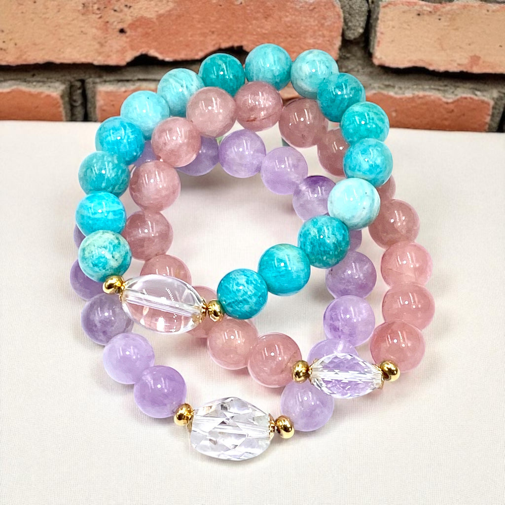 Pastel Gemstone Stretch Stacking Bracelet Set of 3 with Crystal Quartz