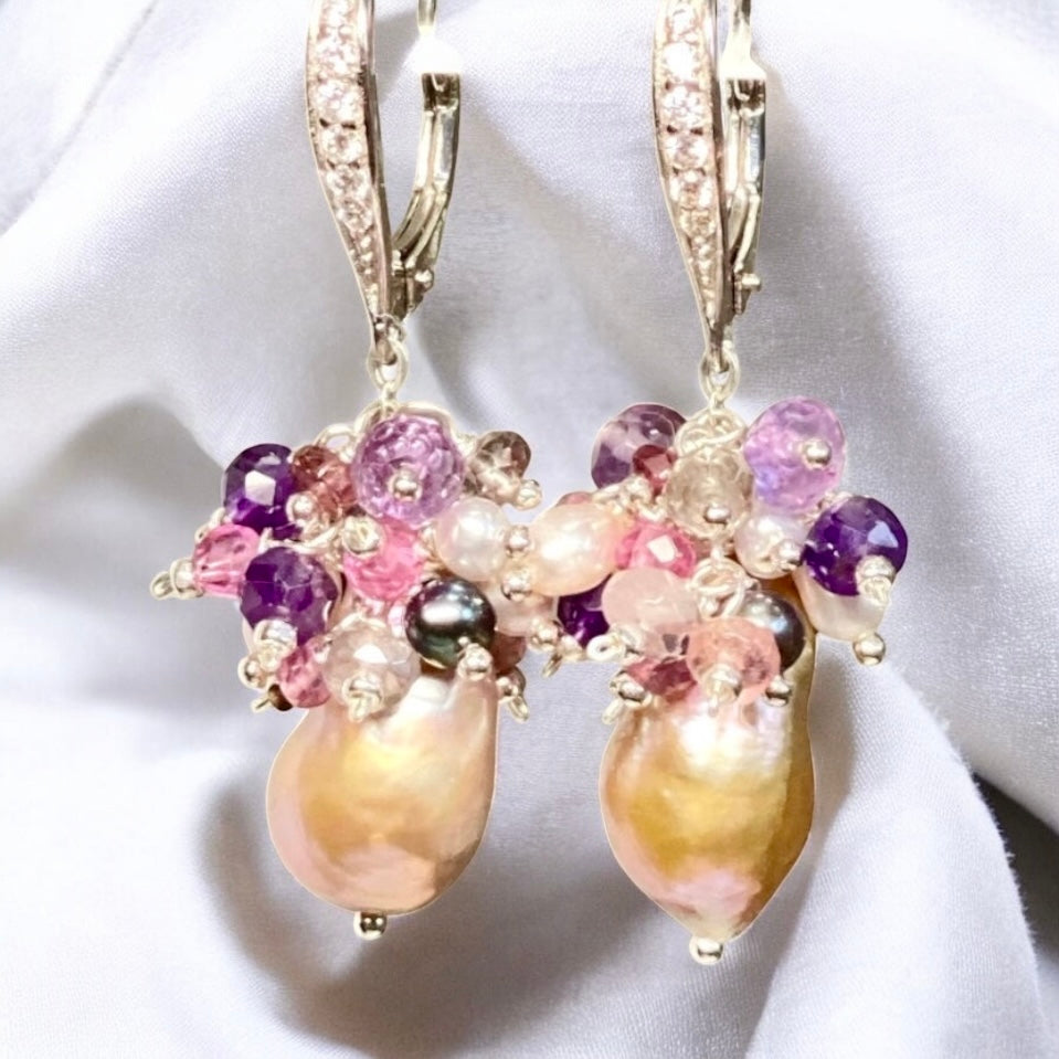 Baroque Pearl Amethyst Cluster Earrings Sterling SIlver