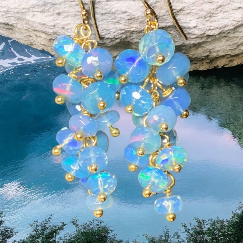 Blue Ethiopian Opal Cluster Dangle Earrings Gold Fill