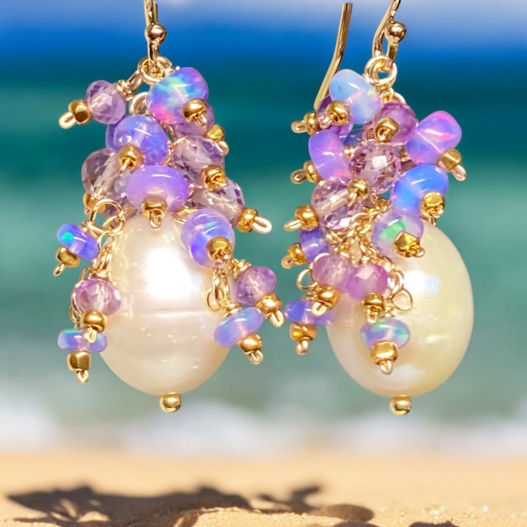 Lavender Blue Opal and Pearl Cluster Earrings, Gold Fill