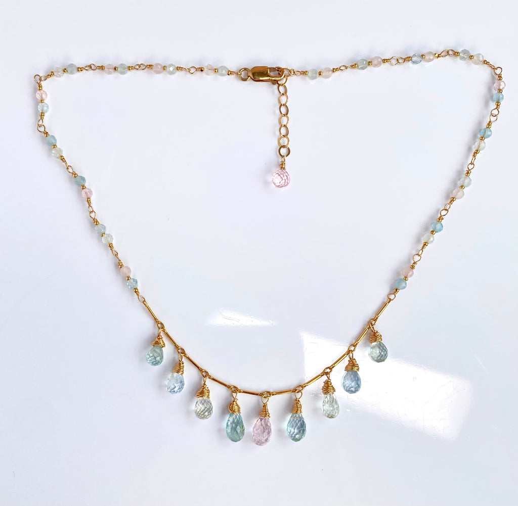 Aquamarine Morganite Dainty Dangle Necklace Gold Fill