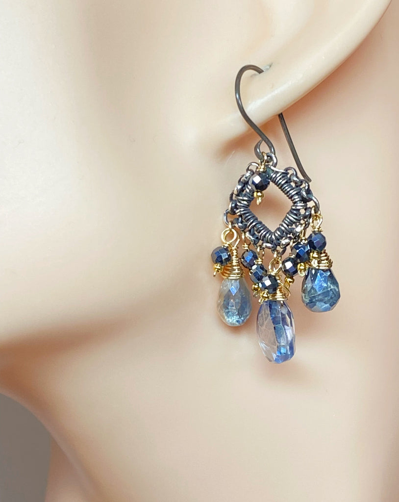 Mystic Blue Quartz Mixed Metal Chandelier Earrings